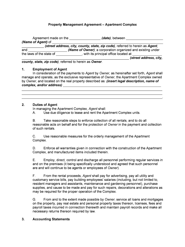 Property Management AgreementApartment Complex  Form