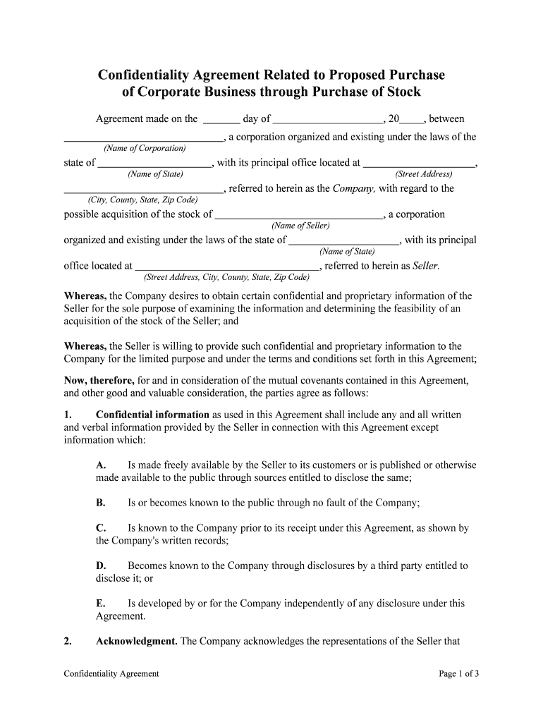 Confidentiality Agreement Related to Proposed Purchase  Form