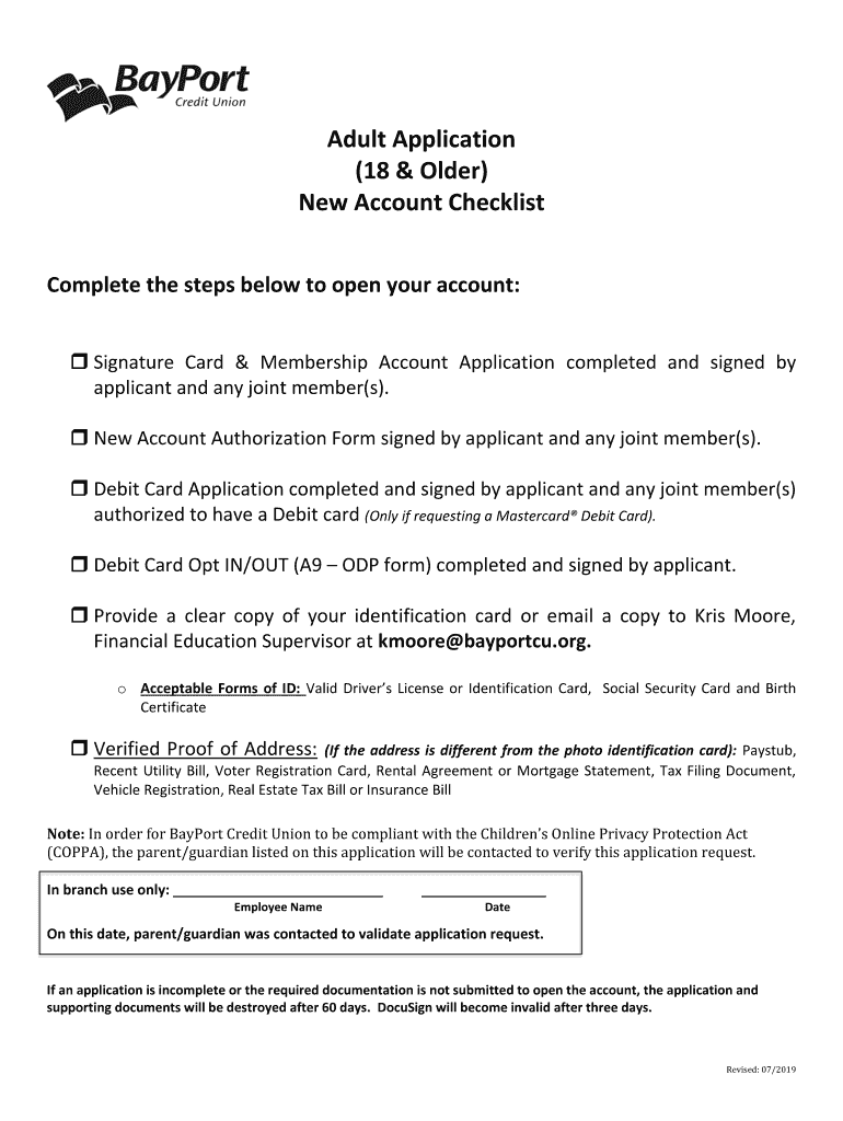 Adult Application 18 & Older New Account Checklist  Form