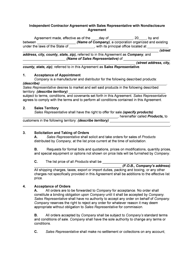 Independent Contractor Agreement with Sales Representative with Nondisclosure  Form