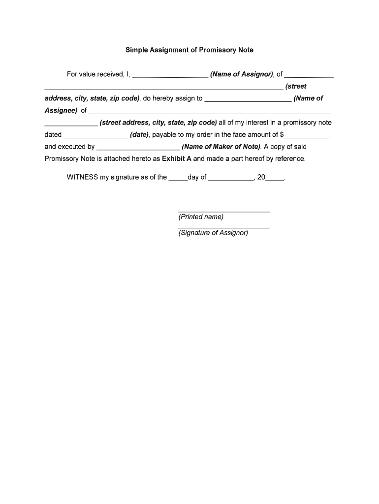 Simple Assignment of Promissory Note  Form