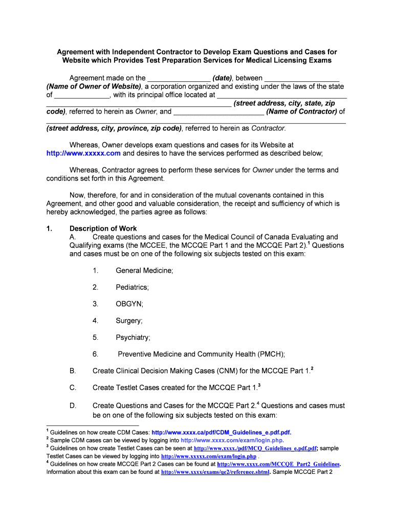 Agreement with Independent Contractor to Develop Exam Questions and Cases for  Form