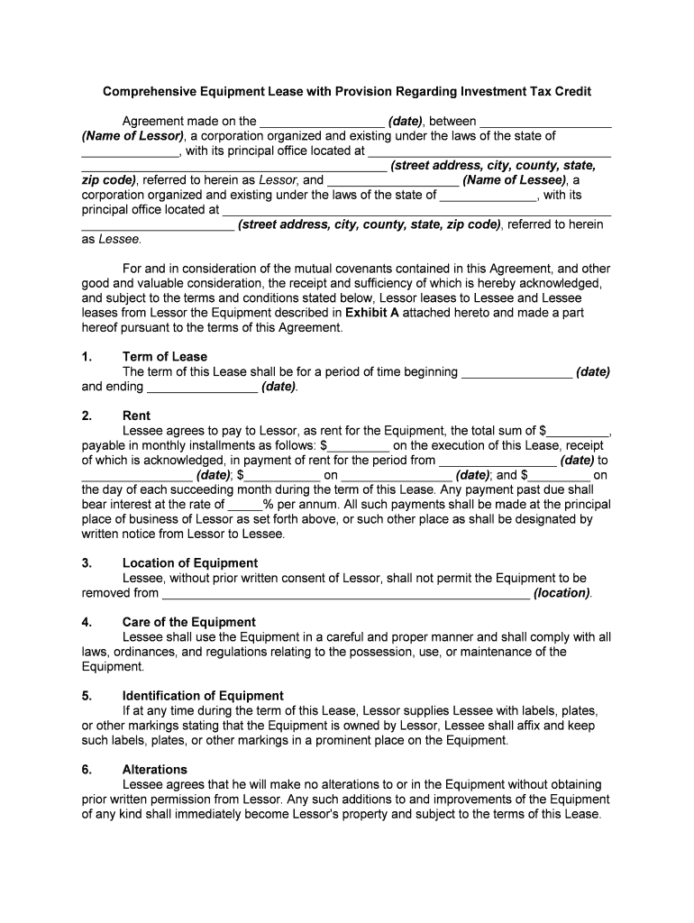 Comprehensive Equipment Lease with Provision Regarding Investment Tax Credit  Form