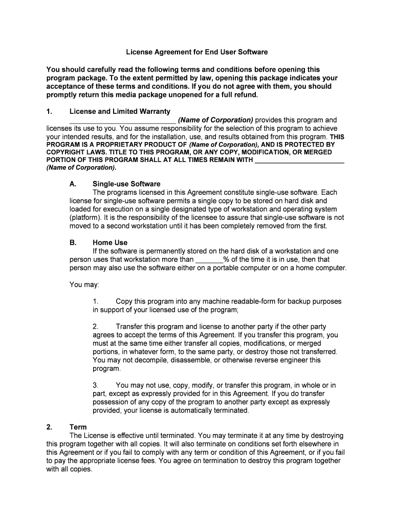 License Agreement for End User Software  Form
