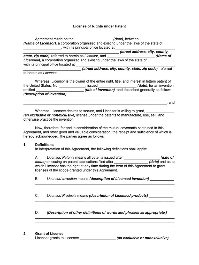 Patent License Agreement Priori Legal  Form