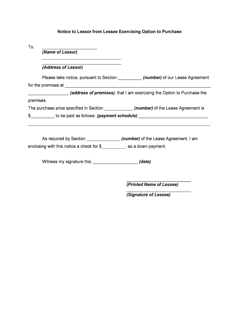 Notice to LessorExercise of Option to Purchase  Form