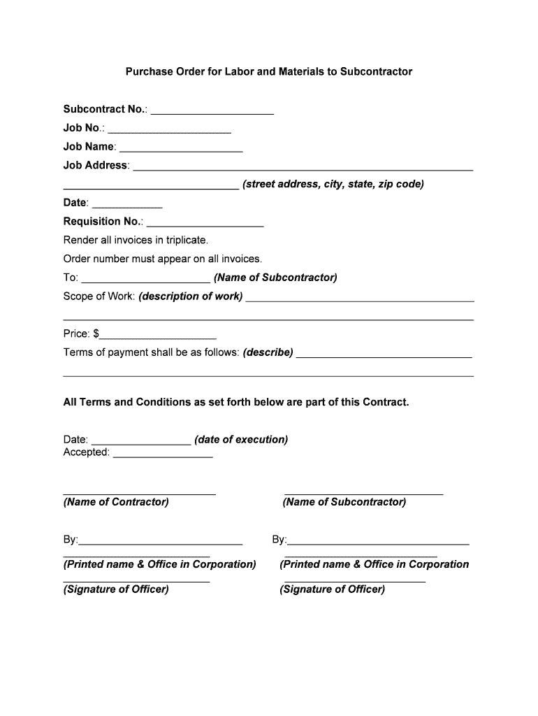 SubcontractPurchase Order for Labor and Materials  Form