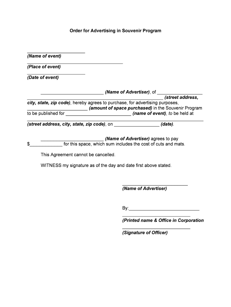 Order for Advertising in Souvenir Program  Form