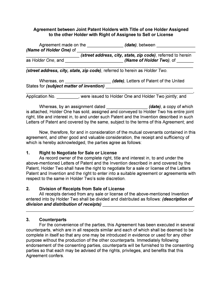 Agreement between Joint PatenteesTitle of One Joint Patentee Assigned to Other PatenteeRight of Assignee to Sell or License  Form