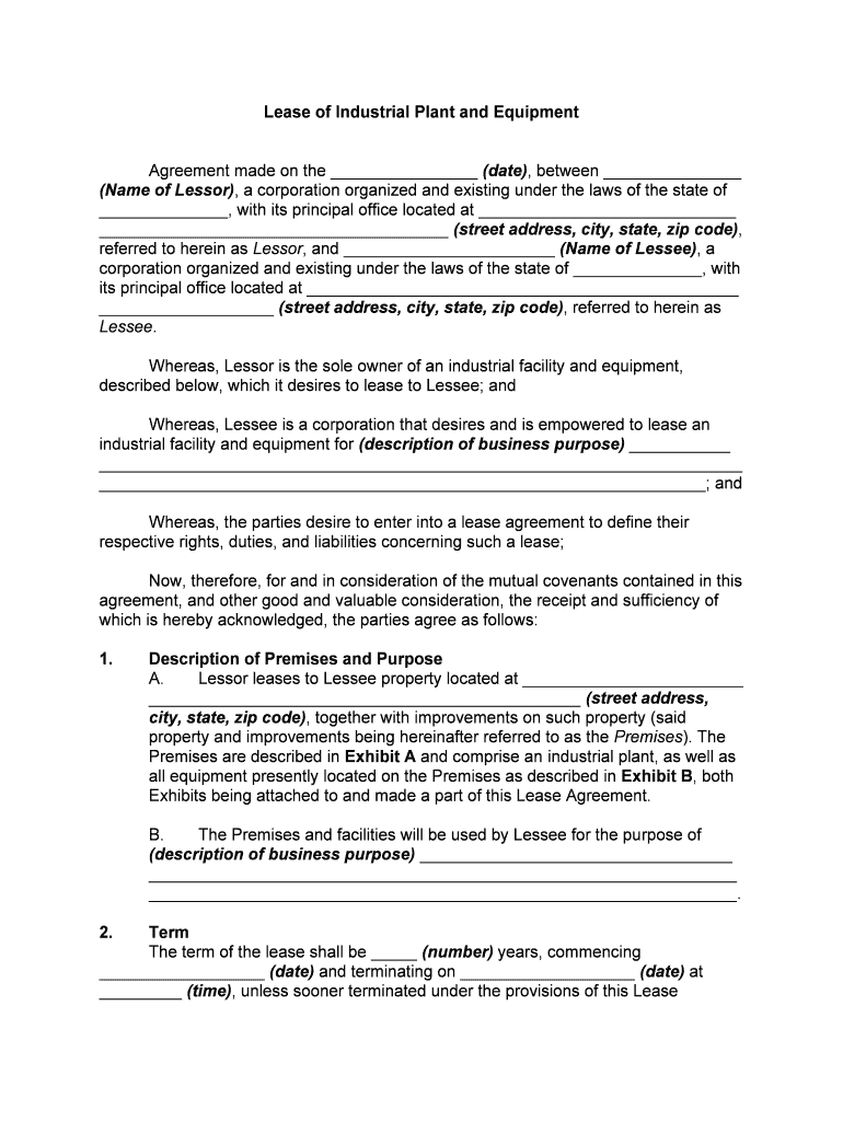 Lease of Industrial Plant and Equipment  Form