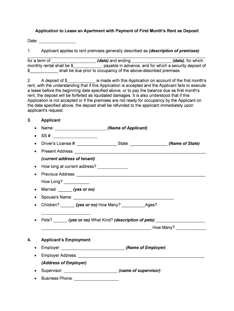 Application to Lease an Apartment with Payment of First Month's Rent as Deposit  Form