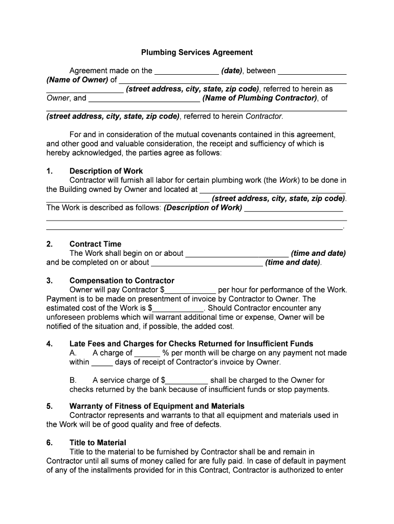 Plumbing Services Agreement  Form