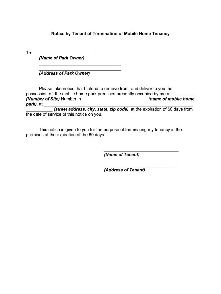 Notice by Tenant of Termination of Mobile Home Tenancy  Form