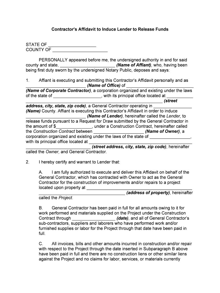 Contractors Affidavit to Induce Lender to Release Funds  Form