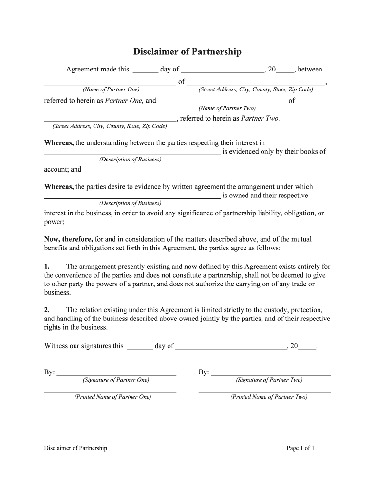 Disclaimer of Partnership  Form