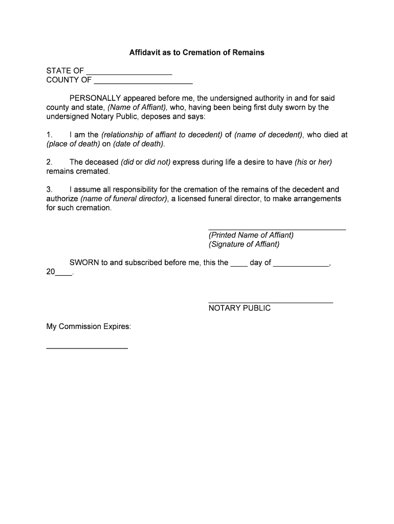 Affidavit as to Cremation of Remains  Form