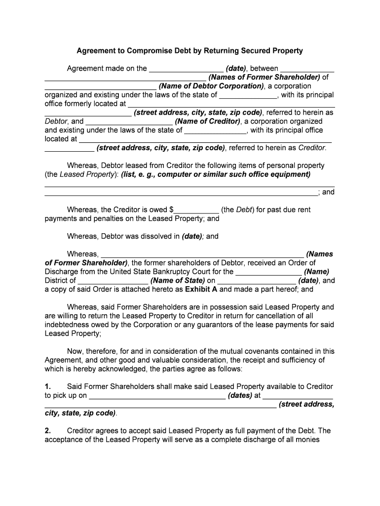 Agreement to Compromise Debt by Returning Secured Property  Form