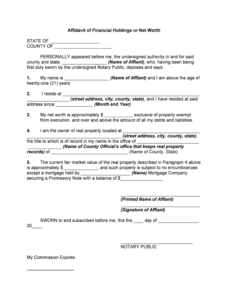 Affidavit of Financial Holdings or Net Worth  Form