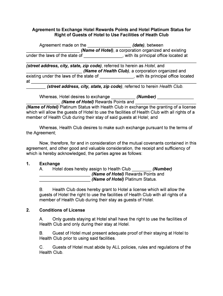 Agreement to Exchange Hotel Rewards Points and Hotel  Form