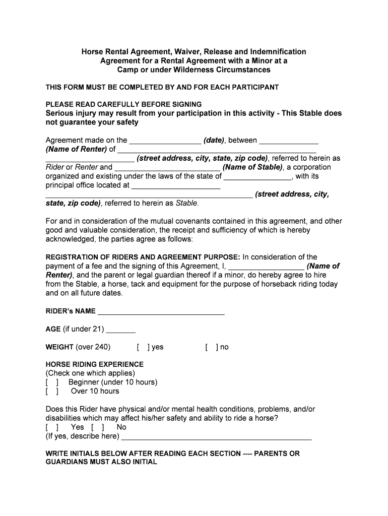 Rainbow Ranch, Inc Agreement, Waiver of Liability, Release  Form