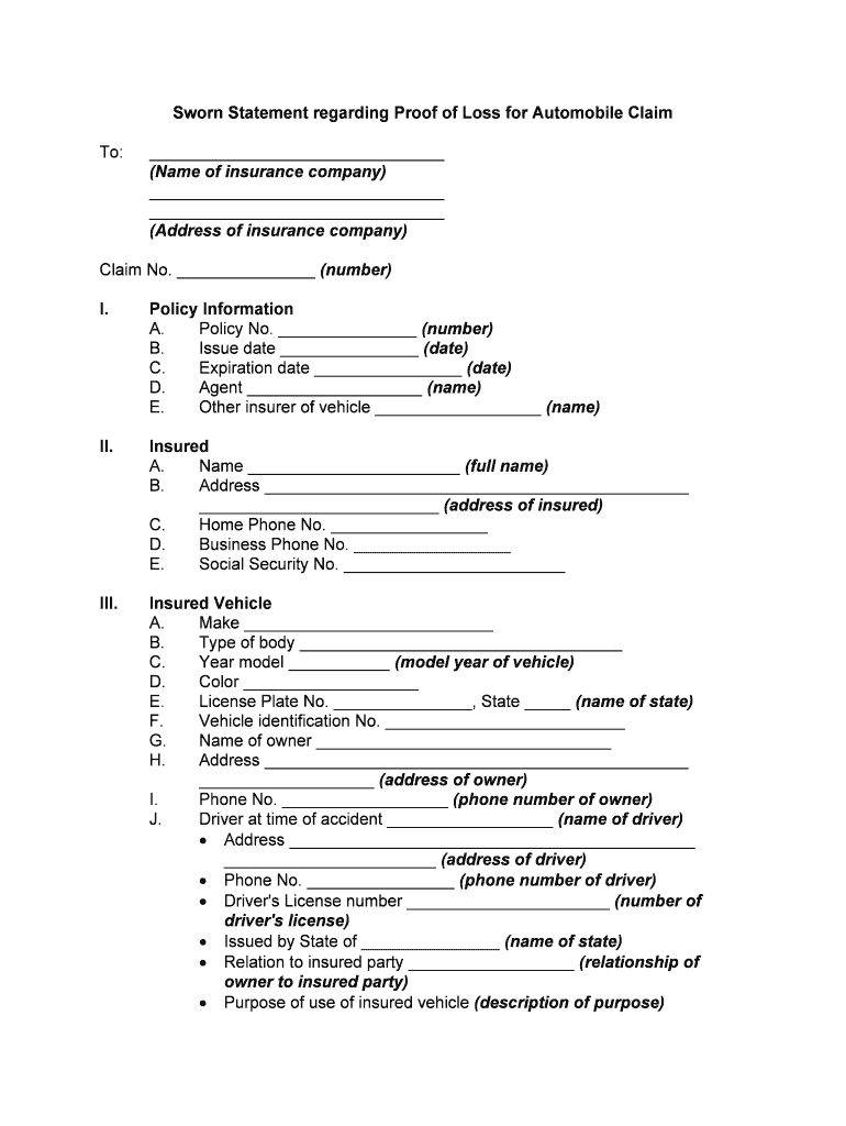 Sworn Statement Regarding Proof of Loss for Automobile Claim  Form