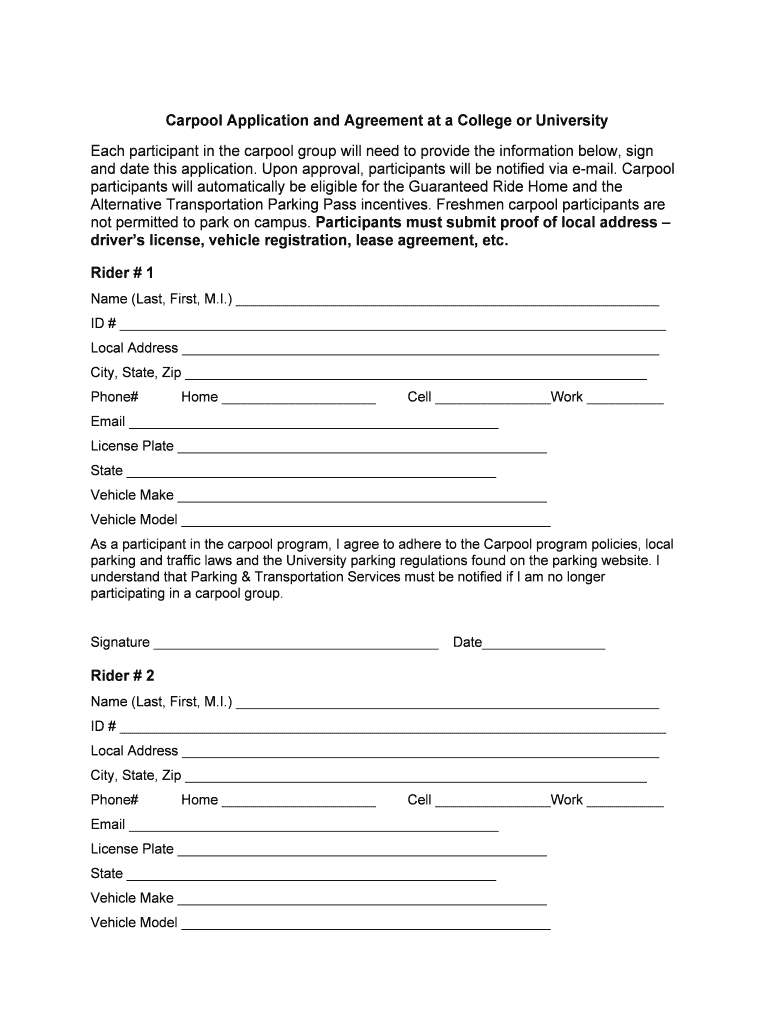 Carpool Application and Agreement at a College or University  Form
