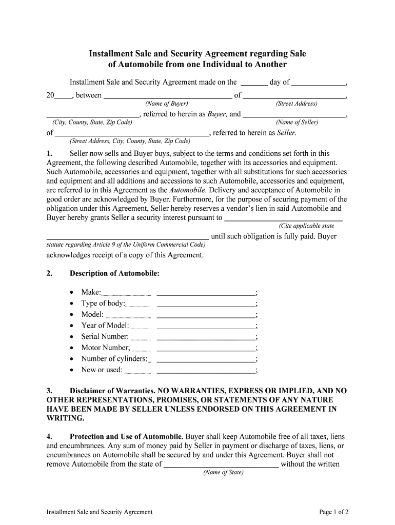 Security Agreement for Retail Installment Sale of Automobile  Form