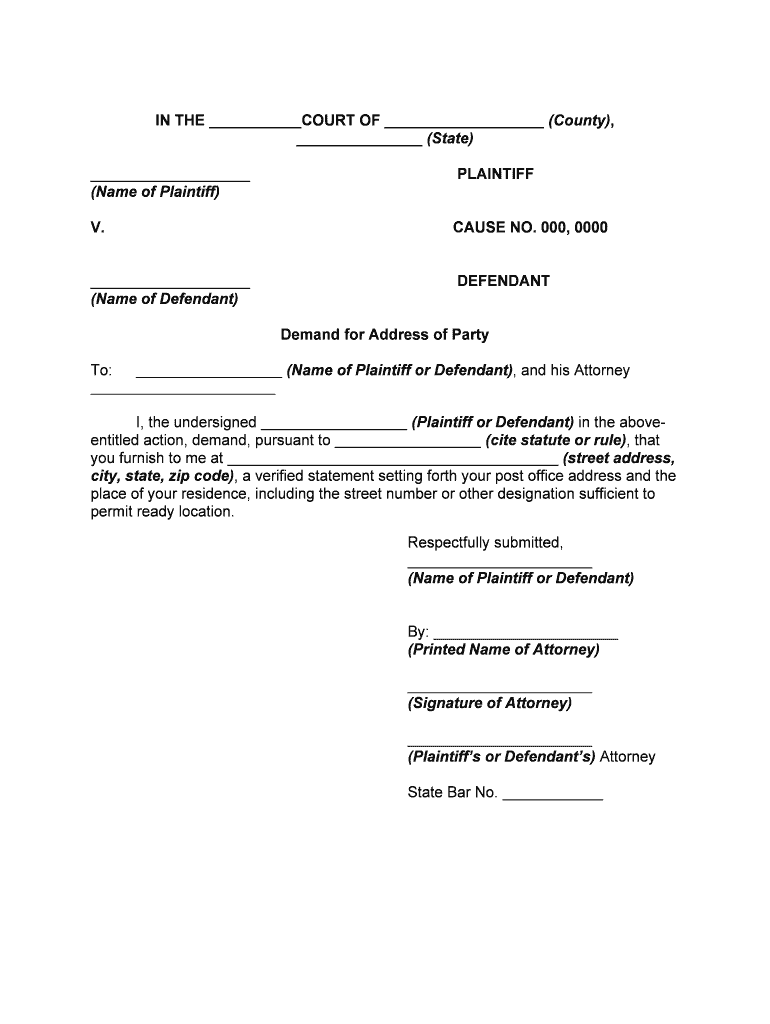 DemandFor Address of Party under Statute or Rule  Form