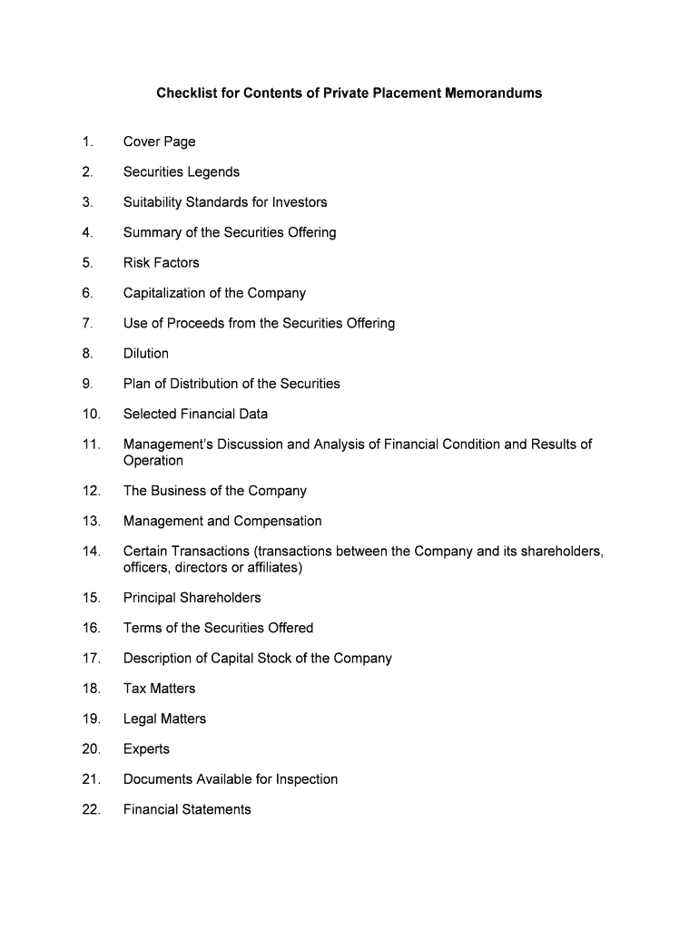 Checklist &amp;amp; Requirements for a Private Placement  Form