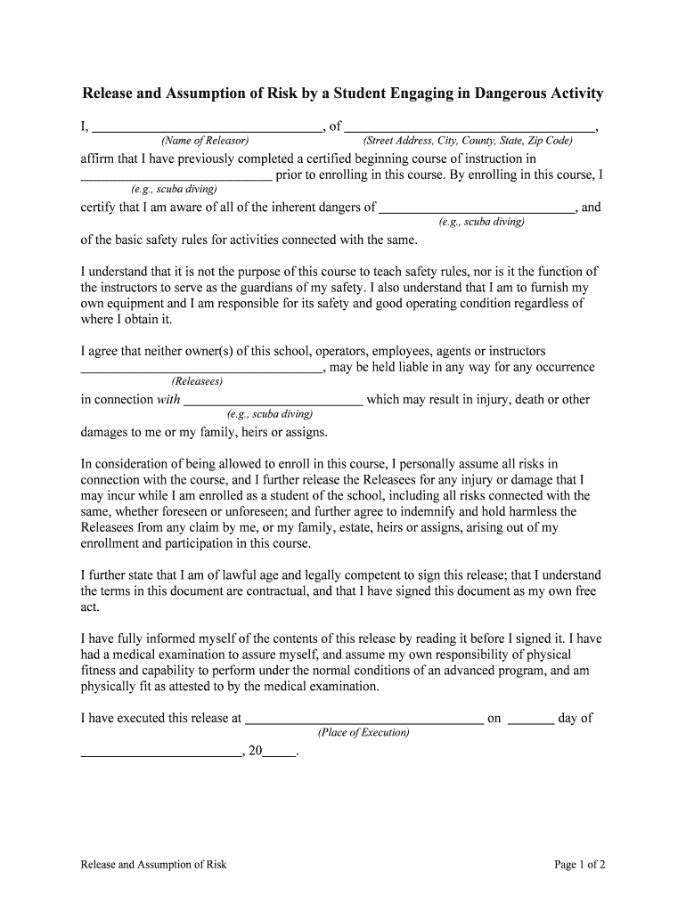 Release of Liability, Waiver and Assumption of Risk Community  Form