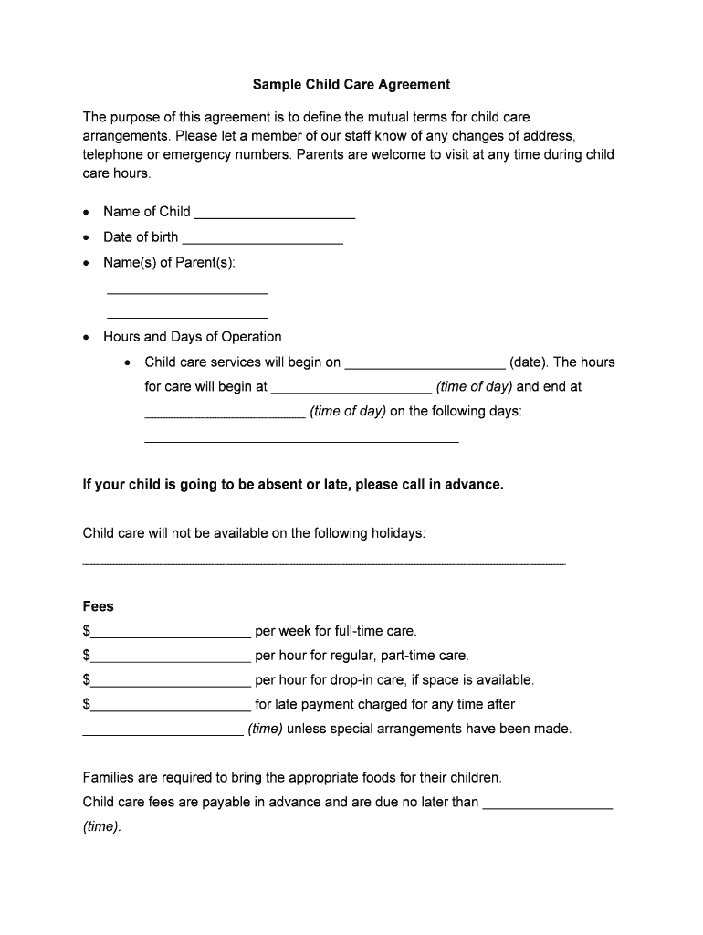 Sample Child Care Agreement Form Download