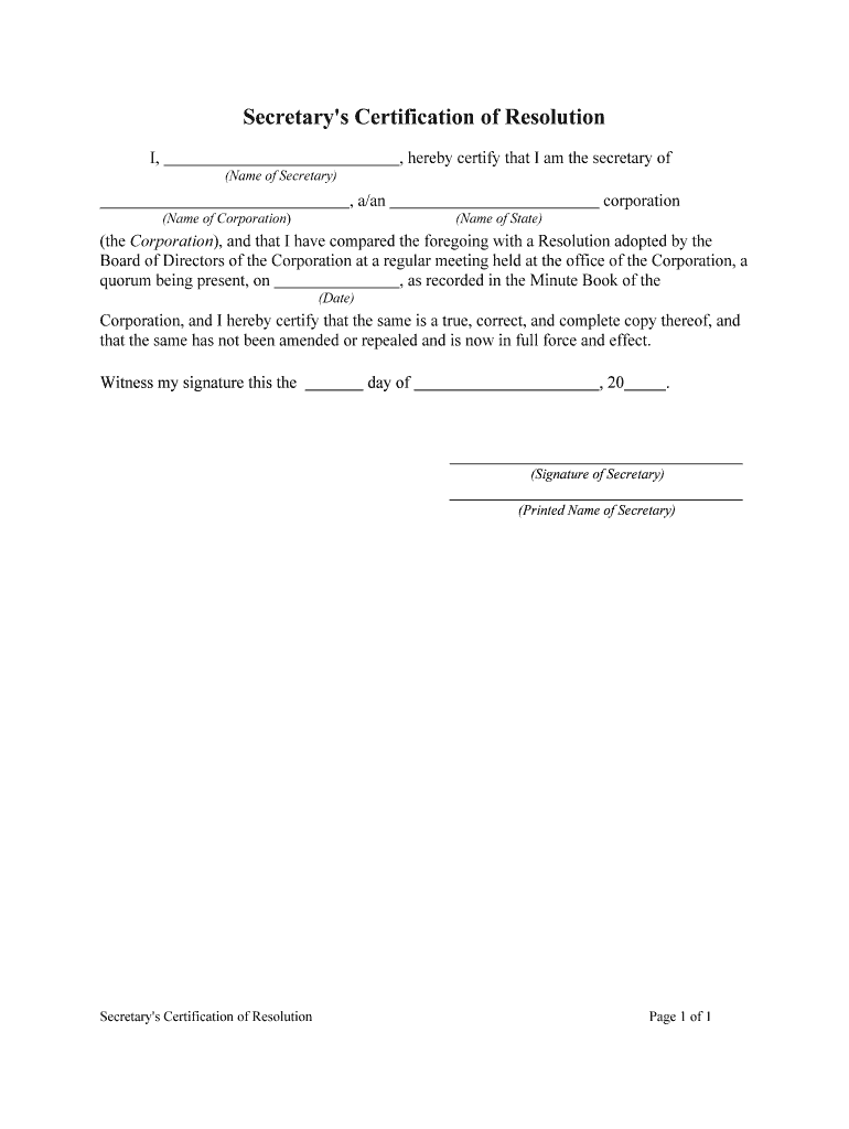 Secretary's Certification of Resolution  Form