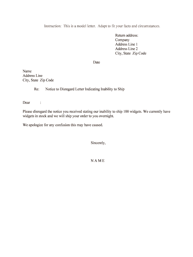 Notice to Disregard Letter Indicating Inability to Ship  Form