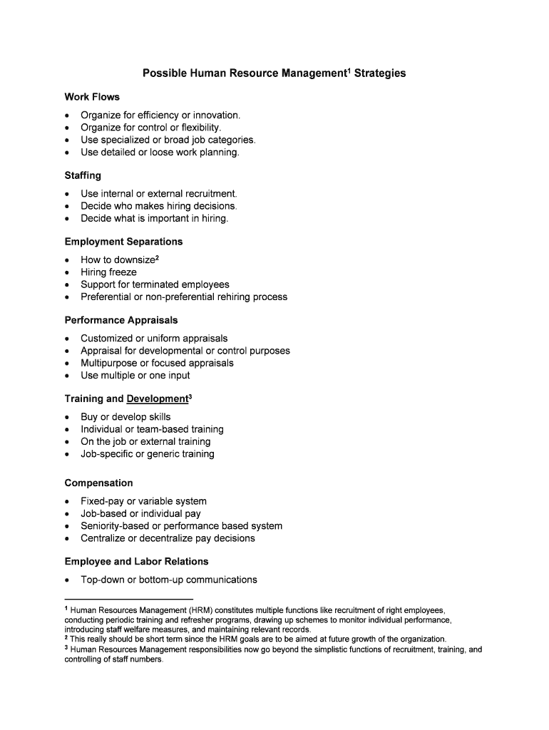 Possible Human Resource Management Strategies Template  Form