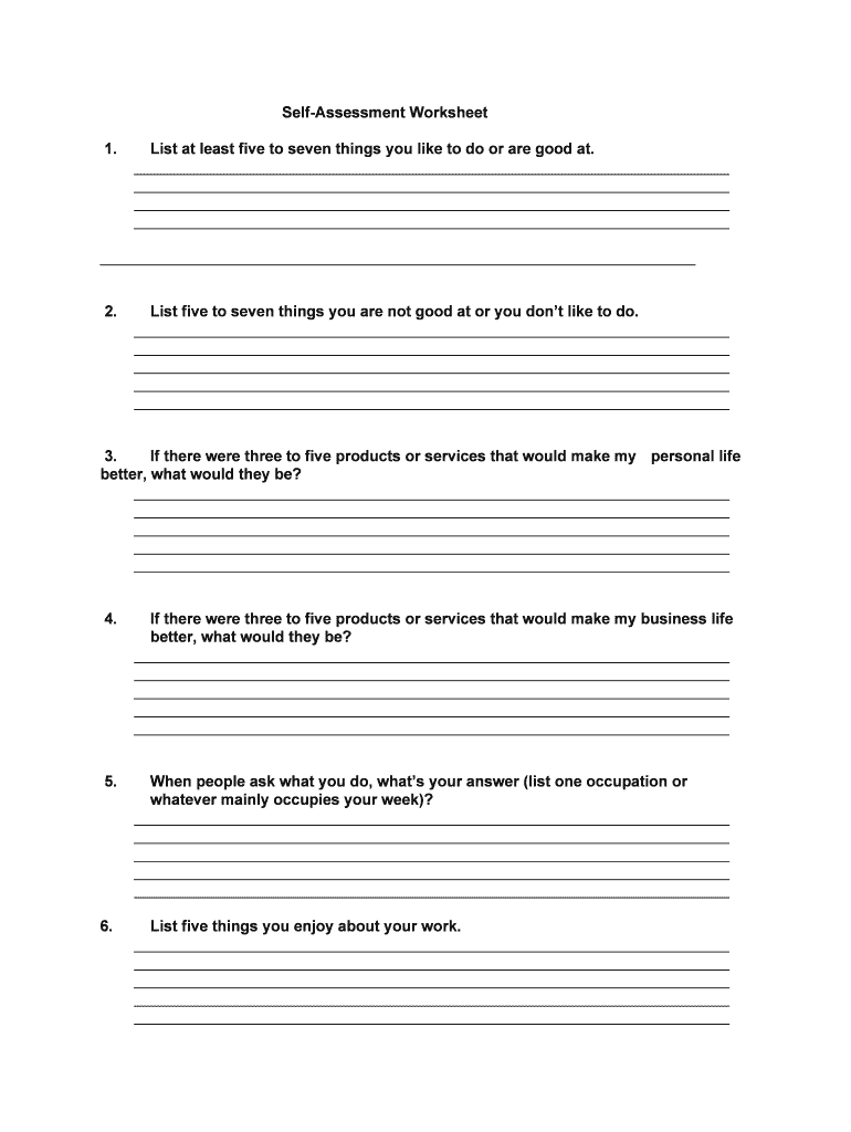 Ideas and Training Self Assessment Work Sheet  Form