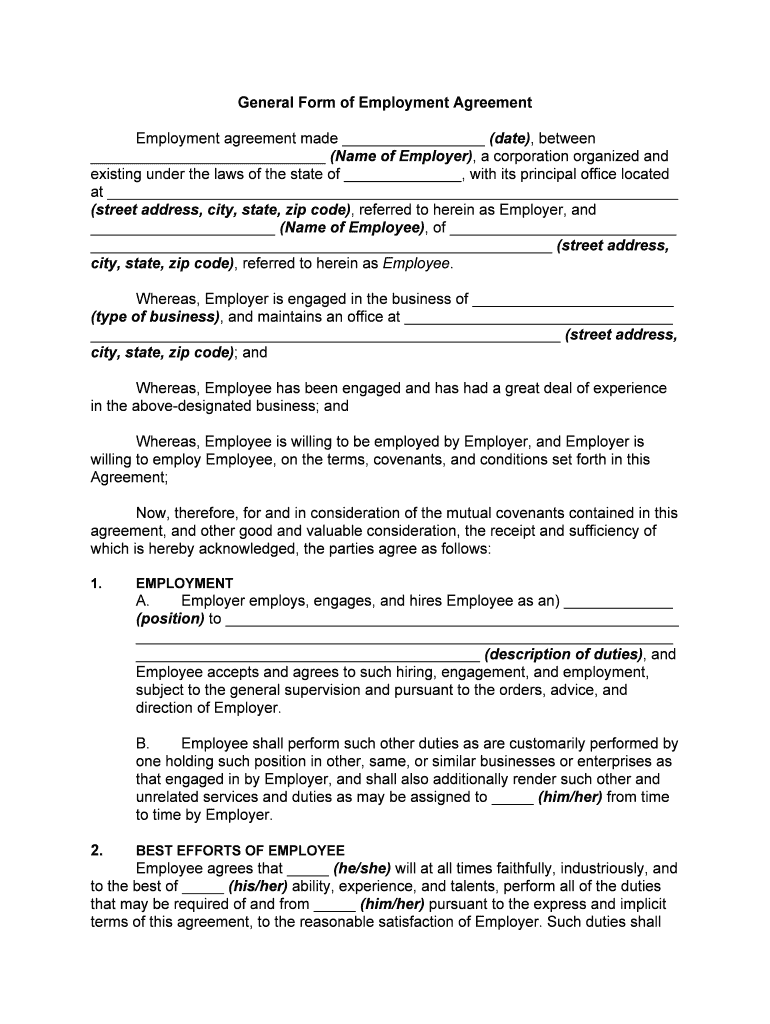 Employment Agreement General TemplateWord &amp;amp; PDFBy  Form