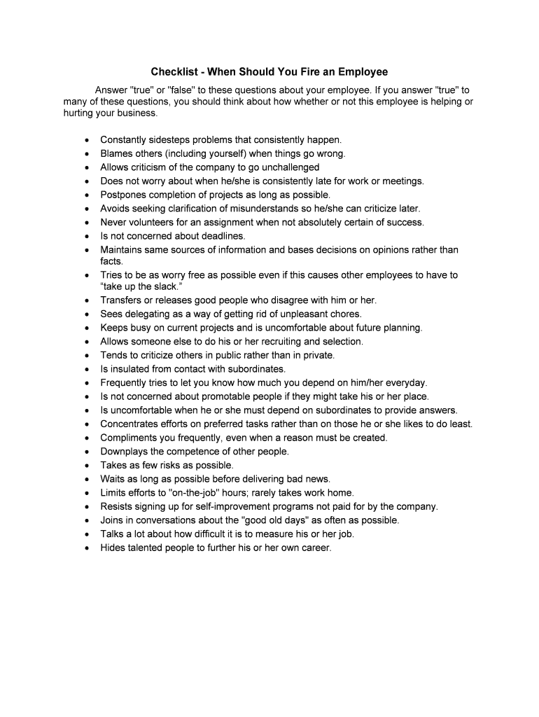 Checklist When Should You Fire an Employee  Form