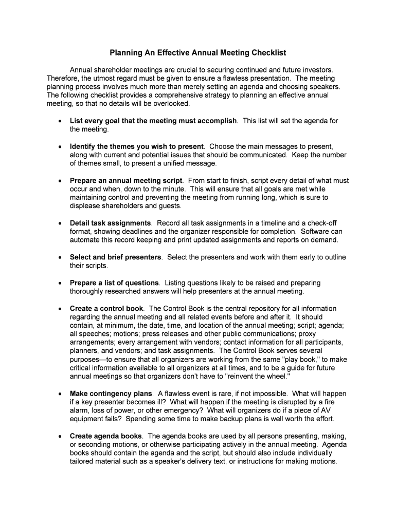 Fill and Sign the Checklist Steps to Planning an Annual Meeting Template Form
