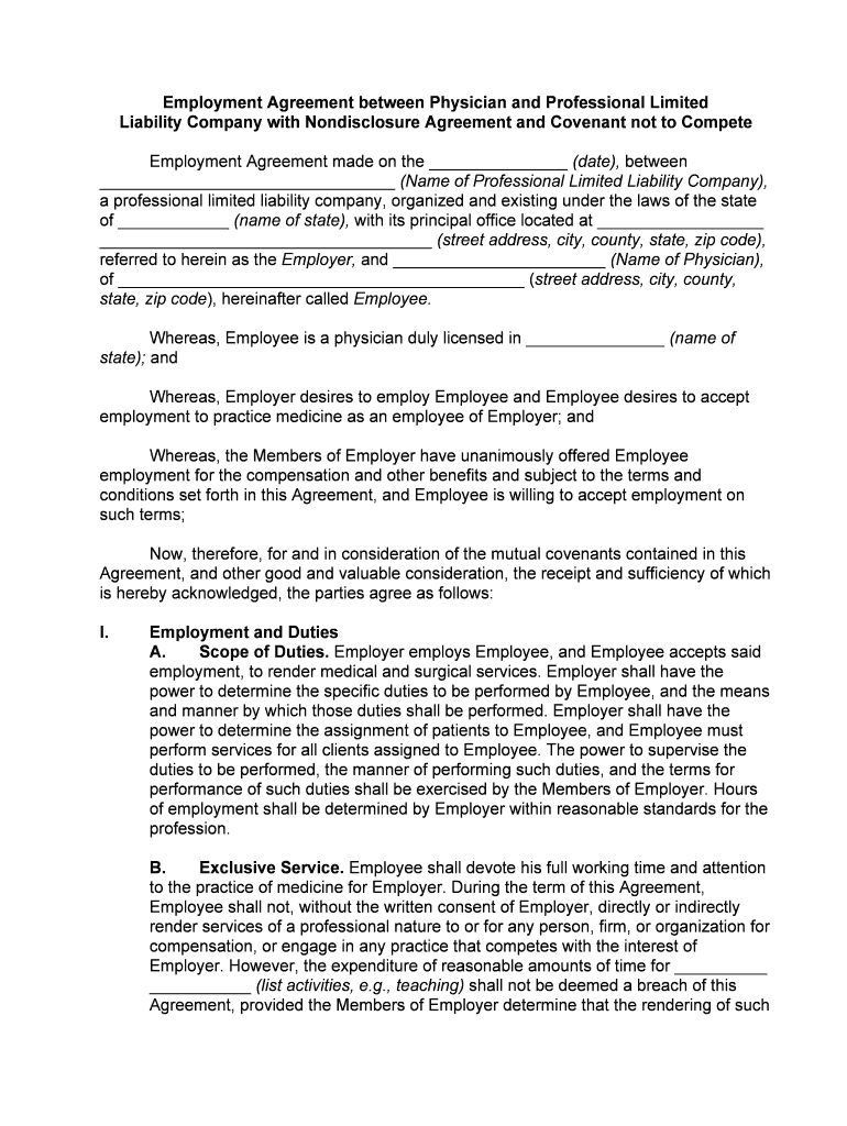 Employment Agreement between Physician and Professional Limited  Form