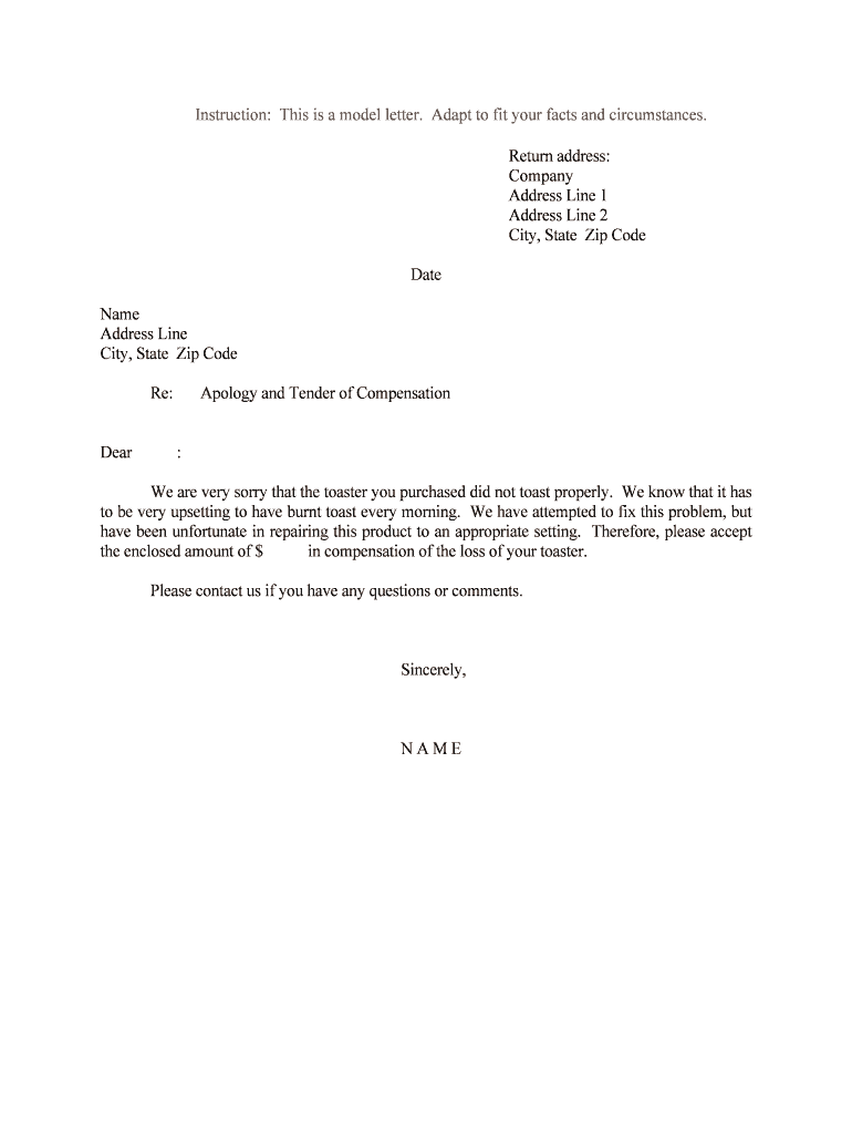 Apology and Tender of Compensation  Form