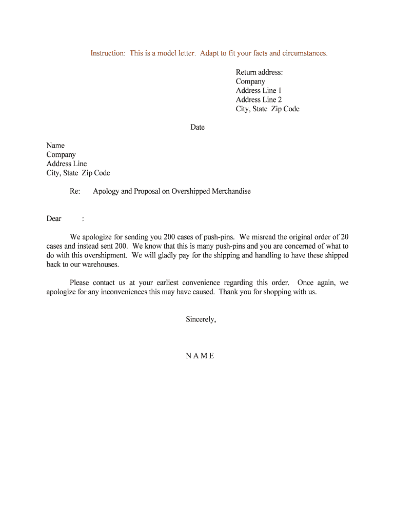 Apology and Proposal on Overshipped Merchandise  Form
