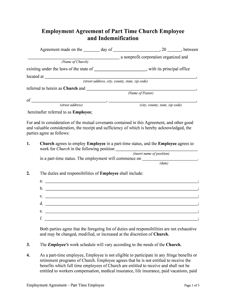 Employment Agreement of Part Time Church Employee  Form
