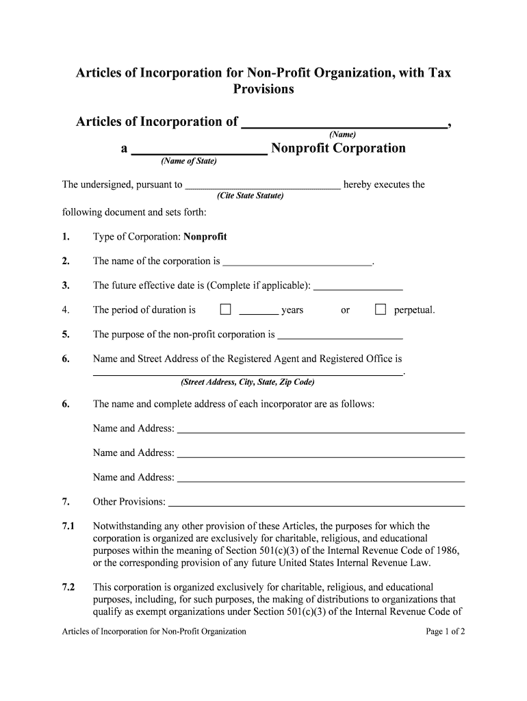 Instructions Articles of Incorporation for a Nonprofit Corporation  Form