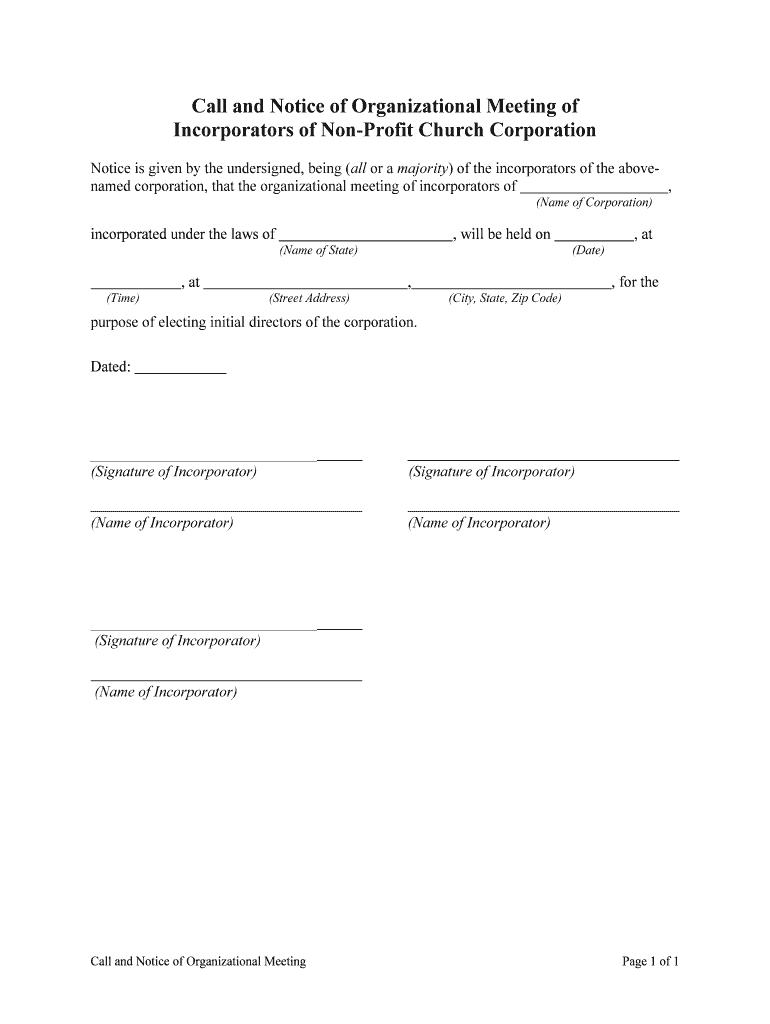 Incorporators of Non Profit Church Corporation  Form