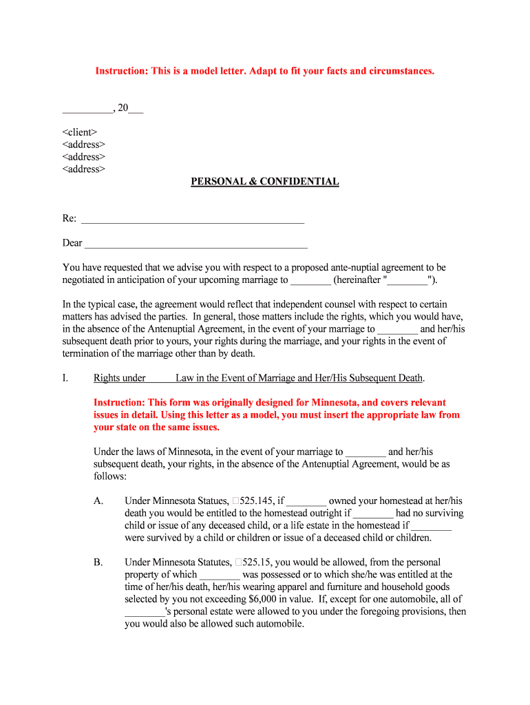 You Have Requested that We Advise You with Respect to a Proposed Ante Nuptial Agreement to Be  Form