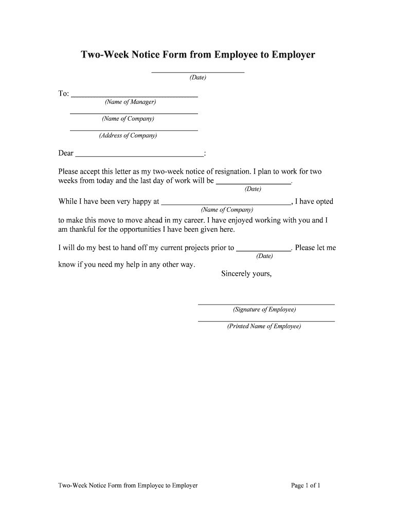 Two Weeks Notice Letter Sample Download  Form