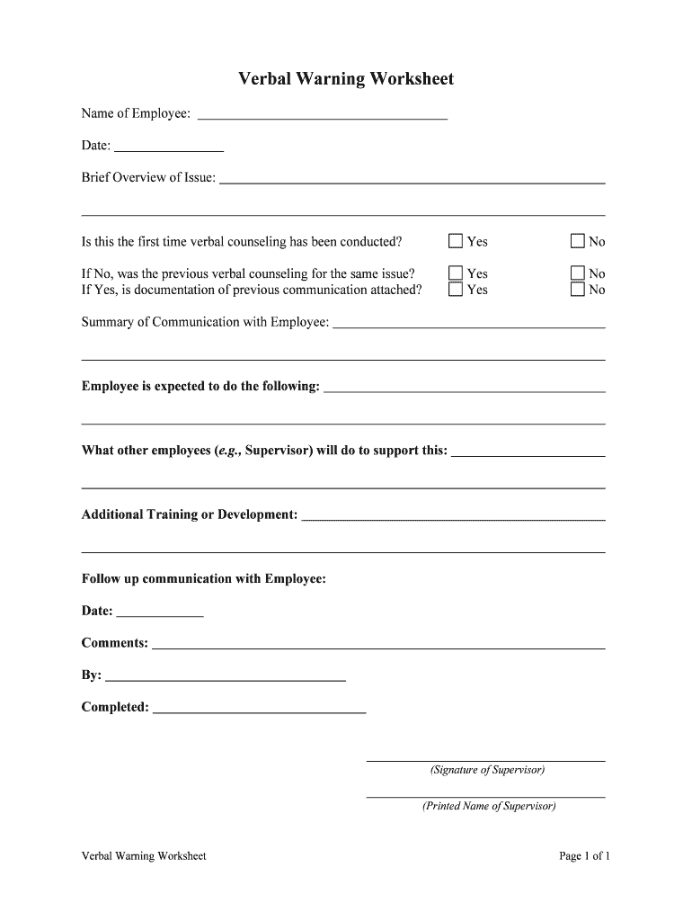 Verbal Warning WorksheetPrintable Form to Document an