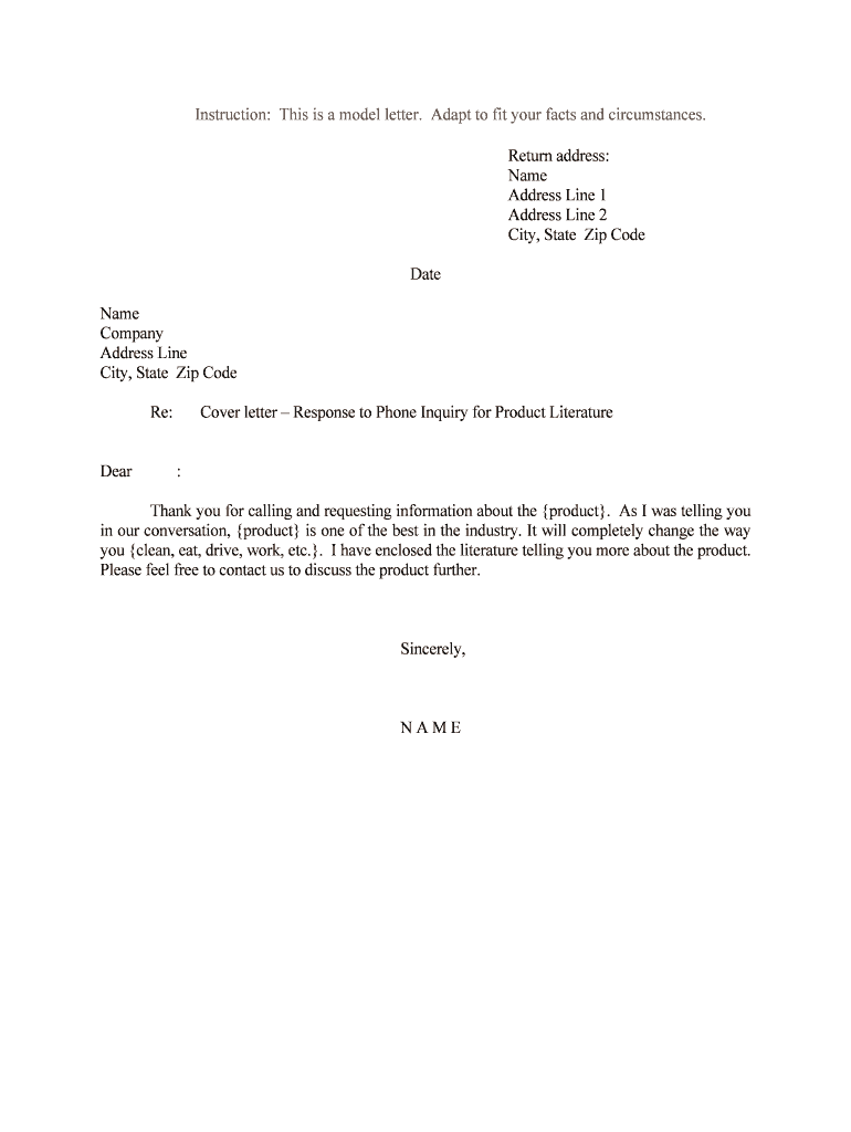 Cover Letter Response to Phone Inquiry for Product Literature  Form