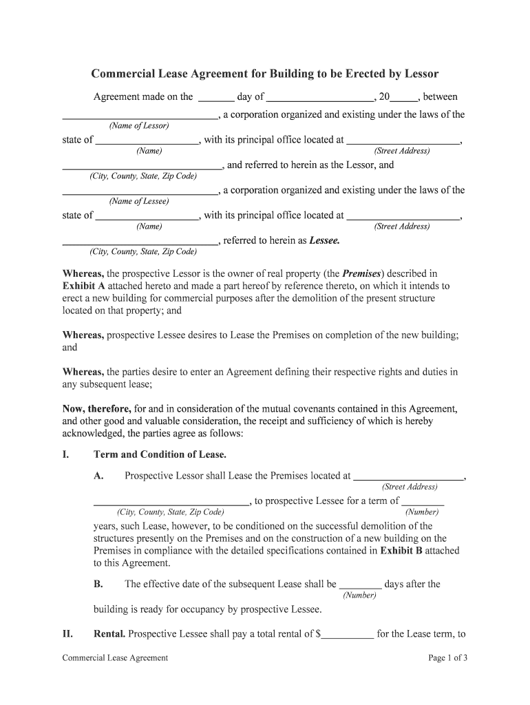 Commercial Lease Agreement for Building to Be Erected by Lessor  Form