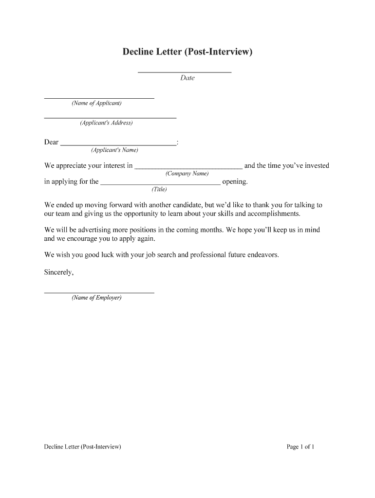 Decline Letter Post Interview  Form